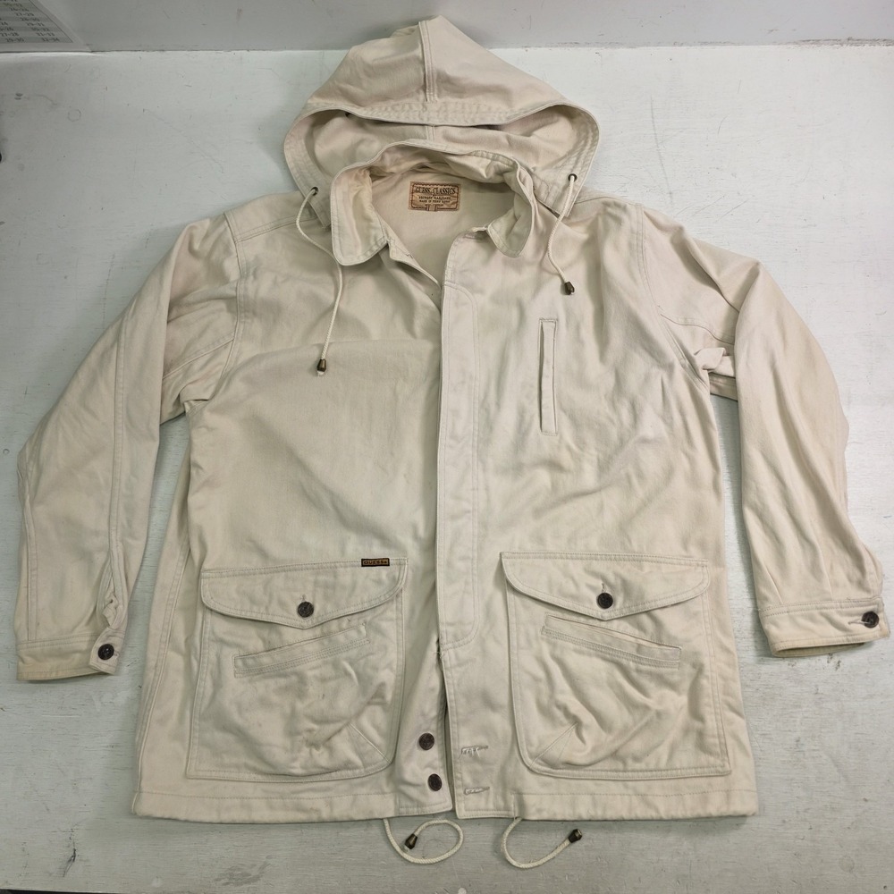 Vintage Guess Classics Georges Marciano Cream Hooded Denim Cargo Jacket Men's M